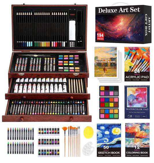 194 Piece Deluxe Art Set, Painting Drawing Art Supplies with 4 Drawing Pads, Acrylic Paints, Crayons, Colored Pencils Set in Wooden Case, Art Kit Gift Box for Kids, Teens, Adults, Artists, Beginners