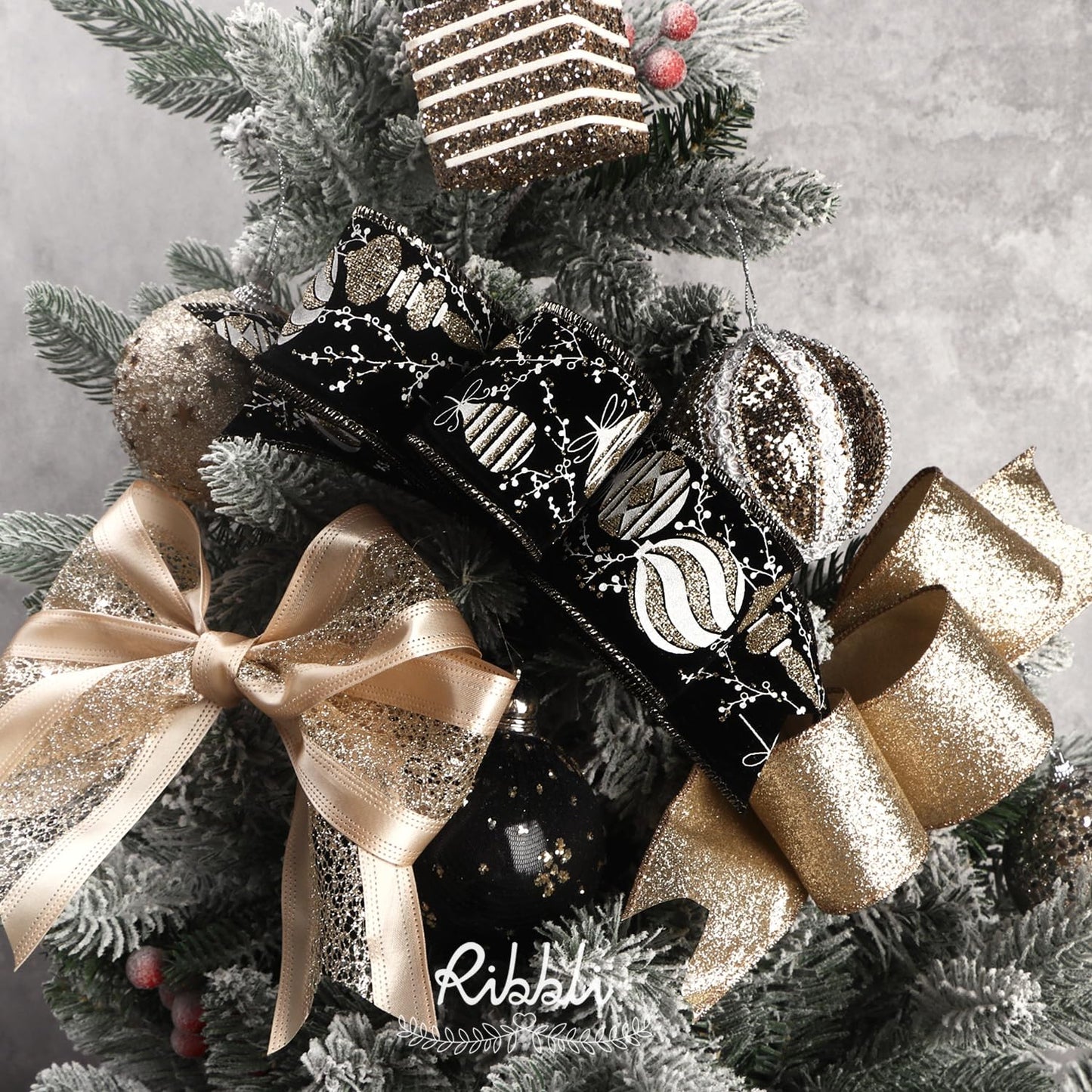 Ribbli Christmas Ribbon Wired Black Champagne Christmas Tree Ribbon Snowflake Glitter Wired Ribbons for Tree Topper Bow Crafts Gift Wrapping Wreaths Garland Home Decor -2.5 Inchx6 Rolls Total 36Yard