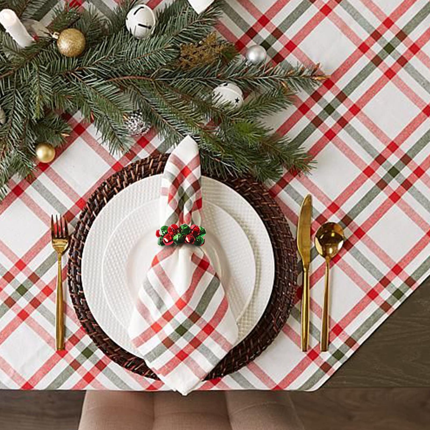 Getfitsoo Christmas Napkin Rings Set of 8, Bells Napkin Rings with Green and Red Bell Gold Buckles for Table Decor, Weddings, Parties