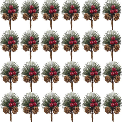 TIHOOD 25PCS Artificial Pine Picks, Pine Needles Branches with Red Berry Stems, Small Fake Berries Pinecones Branches for Crafts Christmas Tree DIY Garland Holiday Wreath