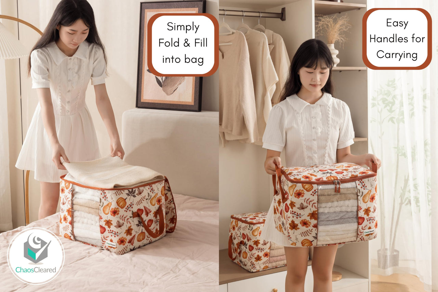 Chaos Cleared Canvas Storage Bags Designer Organizer 2 Pack – Seasonal Storage for Sweaters, Blankets, Linens & Garments – Foldable Design with Zip & Window (Autumn Print)