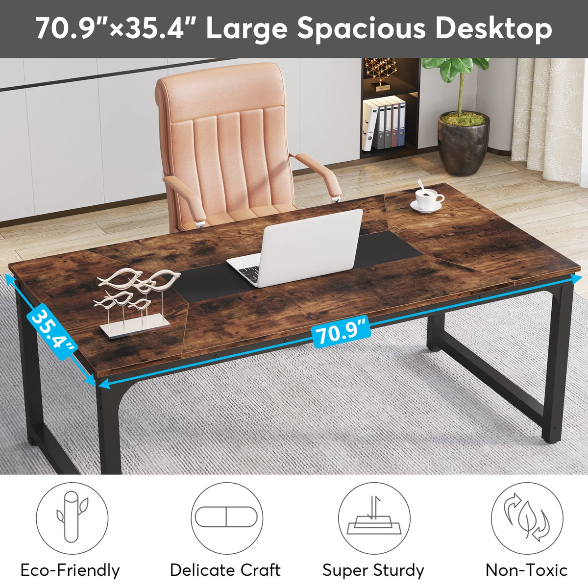 Tribesigns Modern Computer Desk, 70.8 x 35.4 inch Large Executive Office Desk Computer Table Study Writing Desk Workstation for Home Office,Rustic/Black