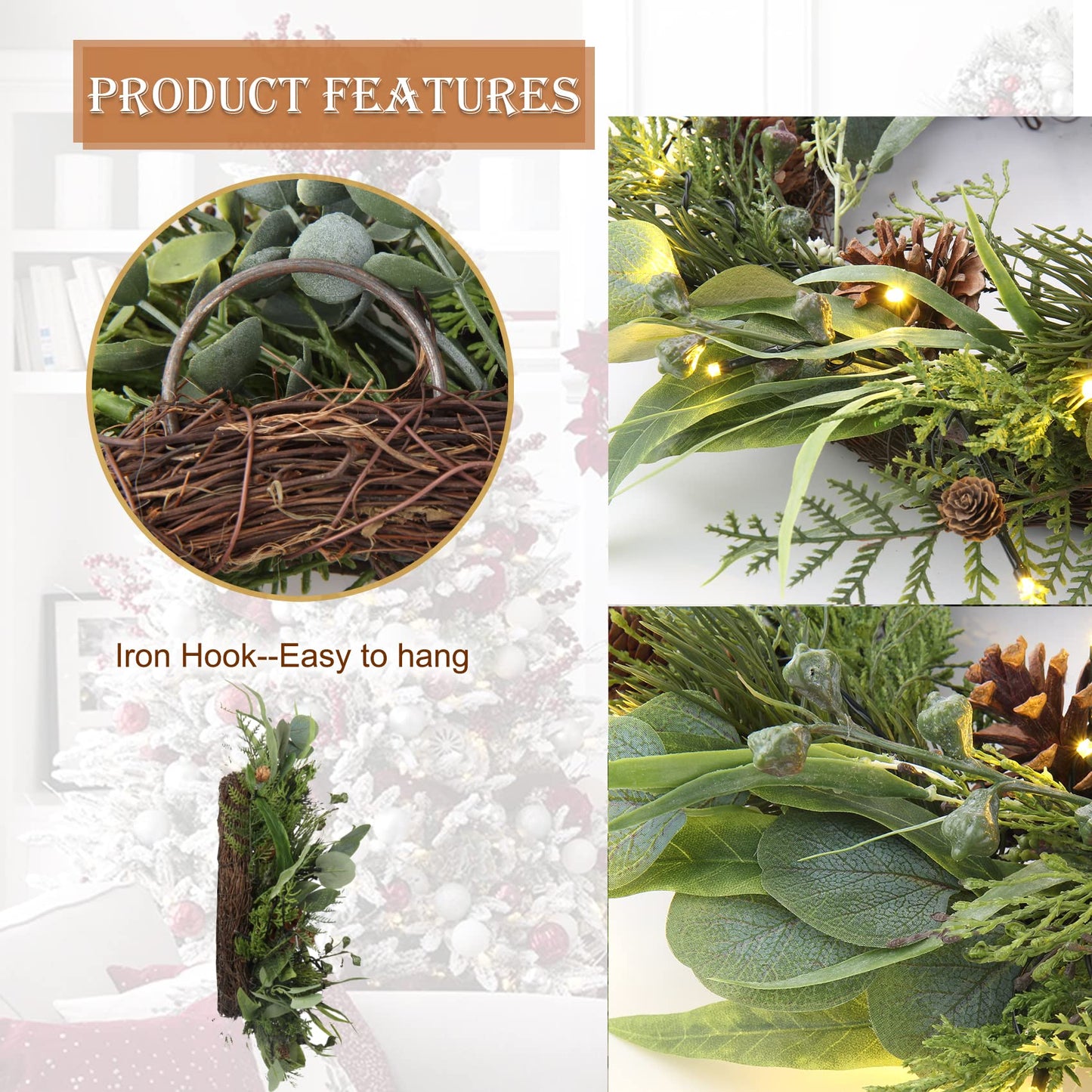Pre Lit Christmas Wreath for Front Door Lighted Green Wreath Decorated with Pine Cones,Berry Clusters, Abundant Fit Branches 18” Christmas Wreaths for Windows Winter Wreath Hanging Wall Decor