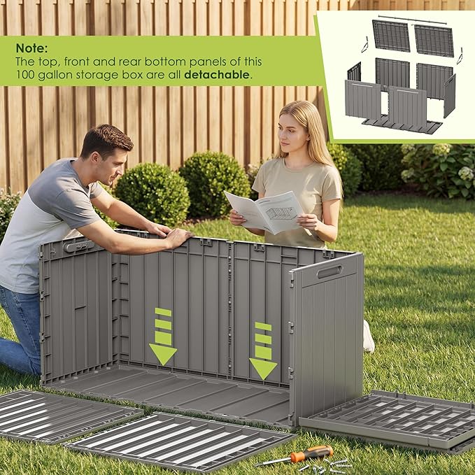 Devoko 100 Gallon Outdoor Storage Box, Waterproof Resin Deck Box for Patio Furniture, Lockable Container for Garden Cushions & Pool Supplies (Light Brown, 100 Gallon)