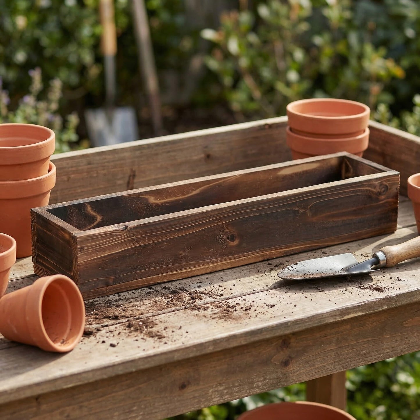 Sewroro Wooden Succulent Flower Box Planter for Indoor and Outdoor Use, Carbonized Wood Window Planter with Drainage Hole, Rectangular Rustic Flower Pot for Balcony Garden