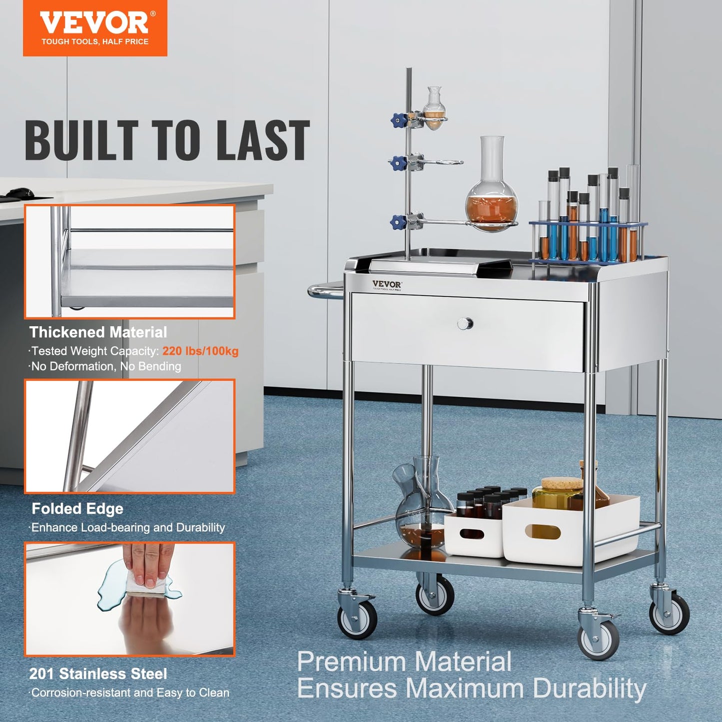 VEVOR Stainless Steel Utility Cart with Wheels - Medical/Dental Lab Cart - 2 Shelves/1 Drawer
