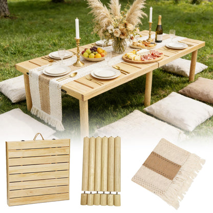 Gereat 48" X 24" Boho Low Picnic Table, Portable Wooden Picnic Table with 3 Adjustable Heights, Natural Pine Wood Floor Table for Camping, Weddings, Beach & Family Gatherings, Seating for 2-4 People