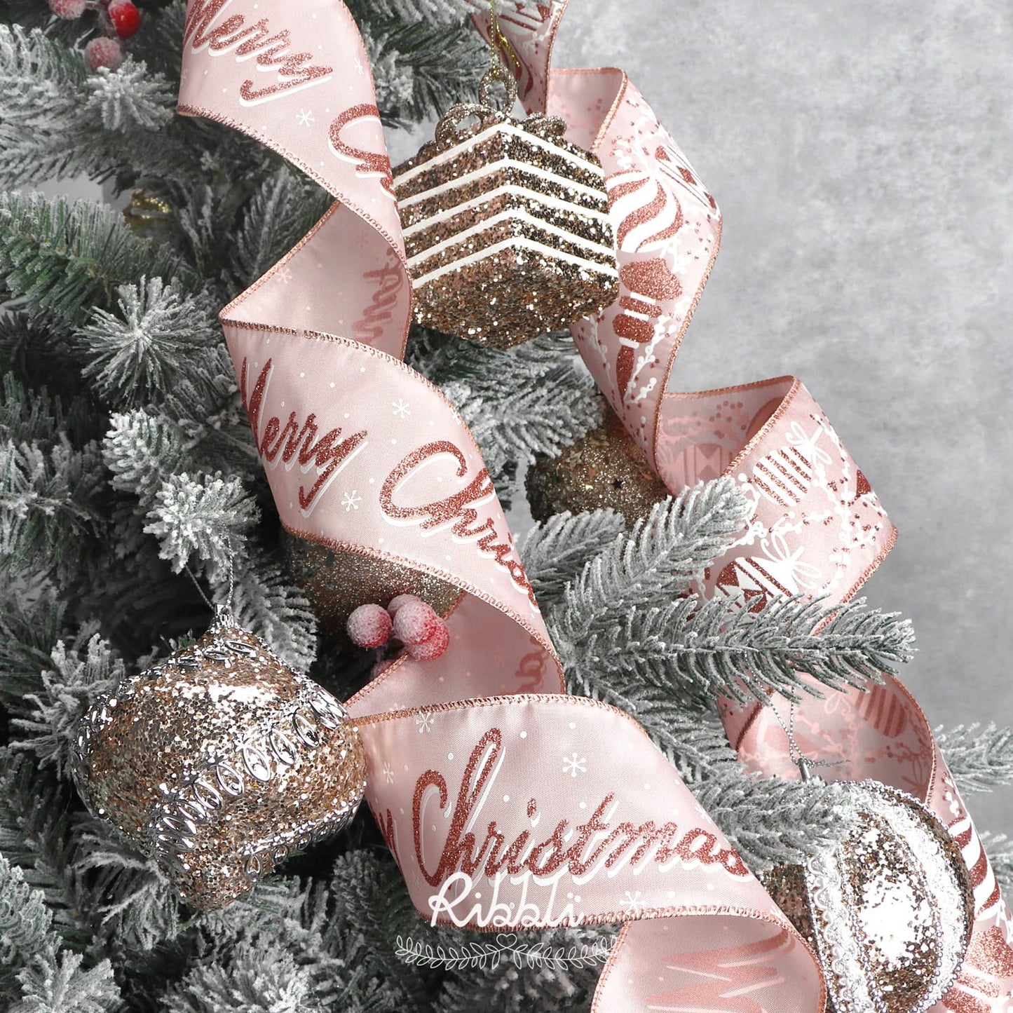 Ribbli Christmas Ribbon Wired Rose Gold Christmas Tree Ribbon Snowflake Glitter Wired Ribbons for Crafts Gift Wrapping Wreaths Garland Home Decor -2.5 Inchx6 Rolls Total 36Yard