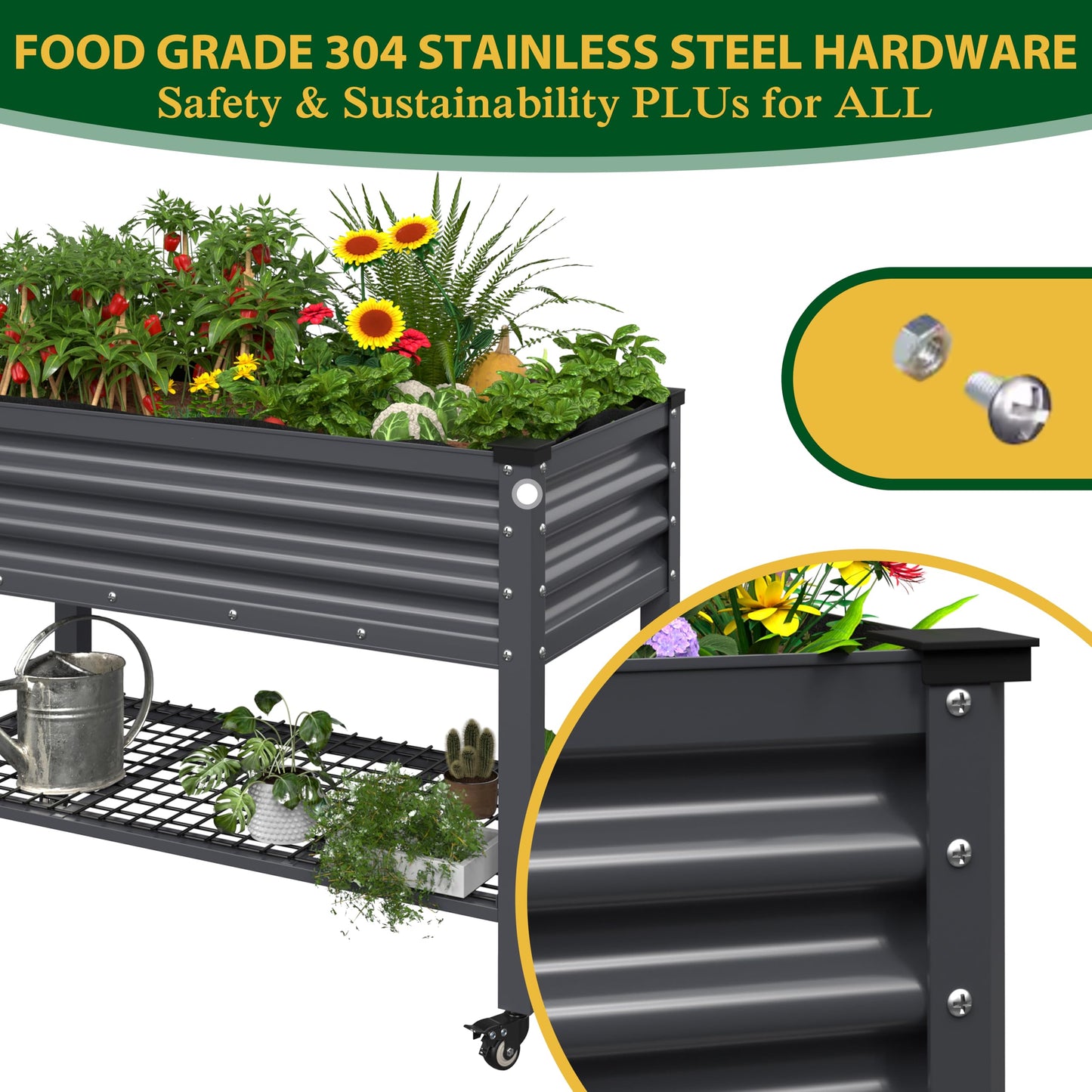 VEIKOU 48 x 24 x 34in Galvanized Steel Raised Garden Bed for Outdoor with Shelf and Casters, Drainage Holes, Steel Planter Box for Gardening Vegetable Flower Herb, 507 lbs Capacity, Gray