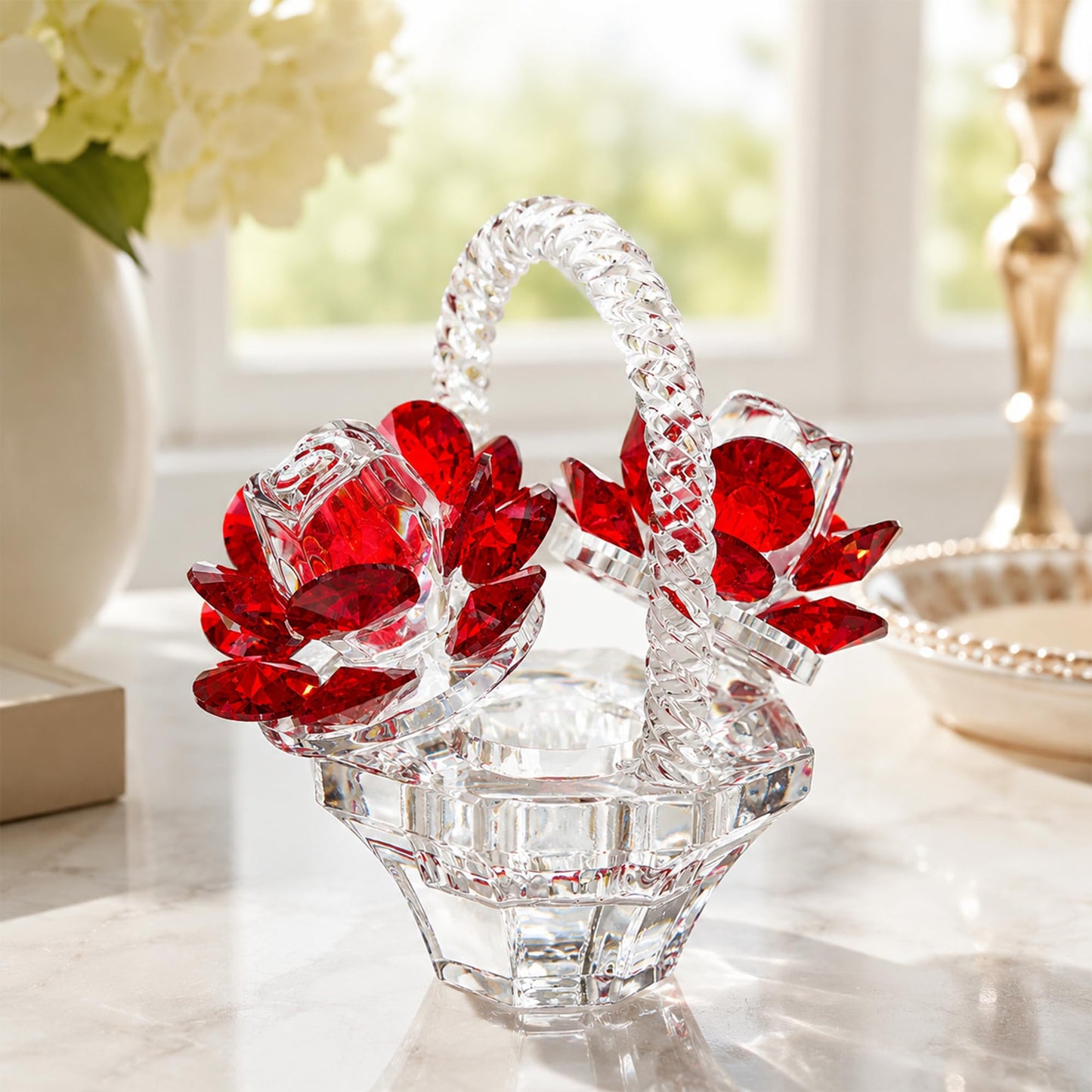 H&D HYALINE & DORA Crystal Red Rose Flower Basket Crystal Collectible Figurines Ornaments for Home Decor Table Centerpiece