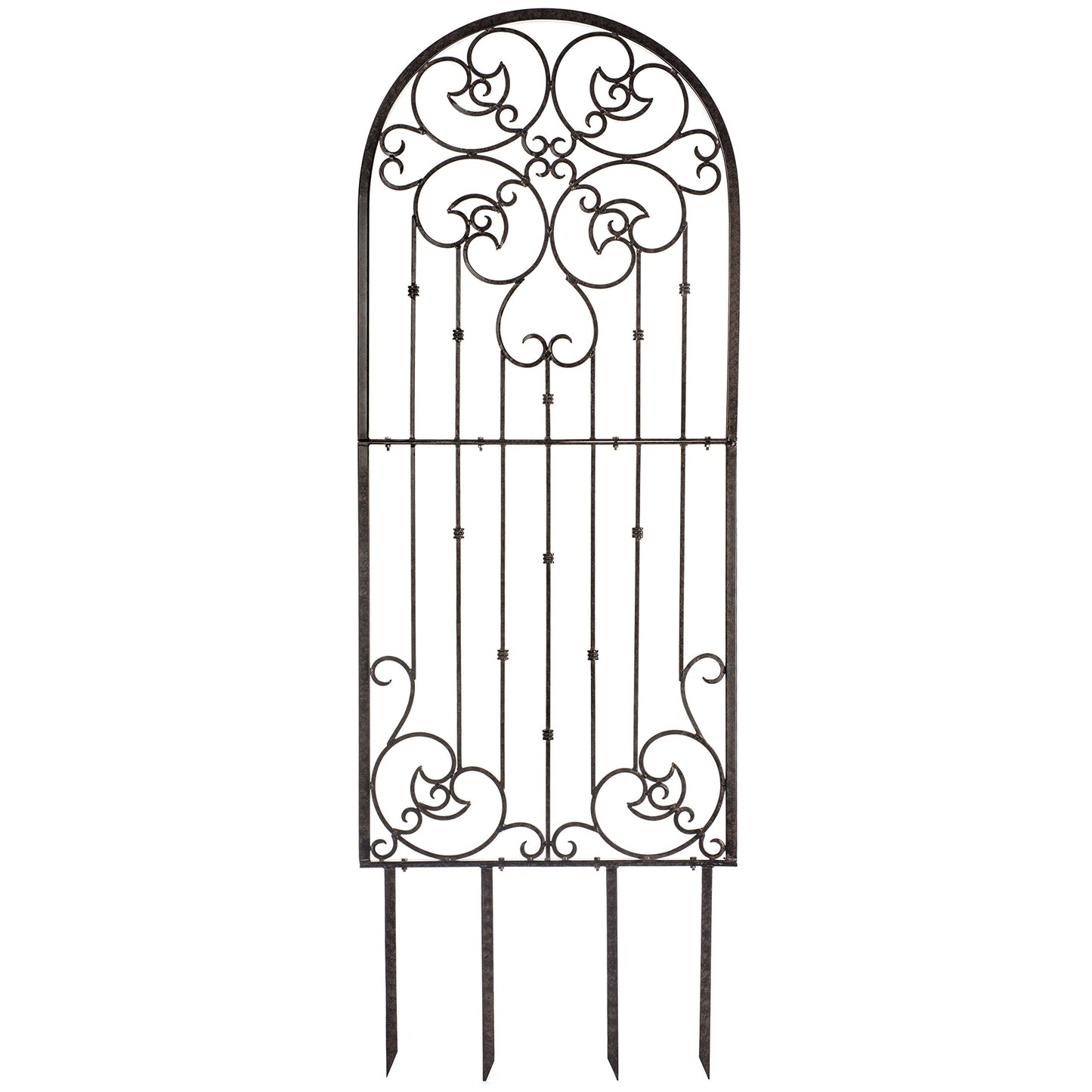 H Potter 72” Heavy Duty Garden Trellis – 60 lb Solid Iron Scrollwork Panel, 1” Metal Frame with Ground & Stabilizing Stakes (Charcoal Brown)