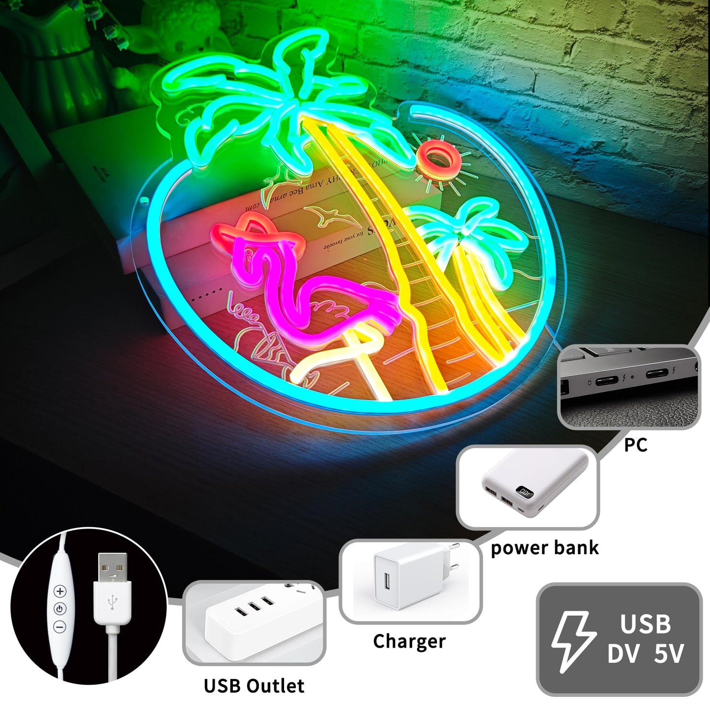 Tropical Flamingo Palm Tree Sunset Neon Sign for Wall Decor, USB Powered Dimmable LED Coconut Tree Neon Light Sign for Bar Man Cave Club Beach Theme Restaurant Party Decoration