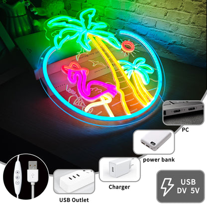 Tropical Flamingo Palm Tree Sunset Neon Sign for Wall Decor, USB Powered Dimmable LED Coconut Tree Neon Light Sign for Bar Man Cave Club Beach Theme Restaurant Party Decoration