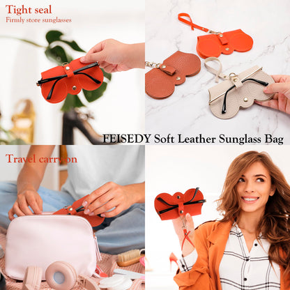 FEISEDY 2Pack Soft Leather Sunglass Bag, Holder Eyeglasses Case, Portable Glasses Pouch With Button Clip Wrist Strap B0049