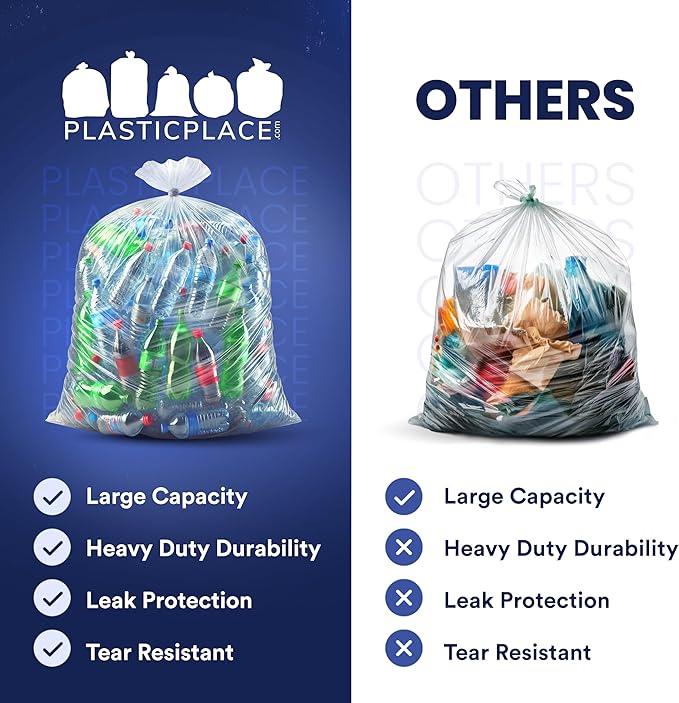 Plasticplace Heavy Duty 55-60 Gallon Trash Bags – Clear Garbage Can Liners –