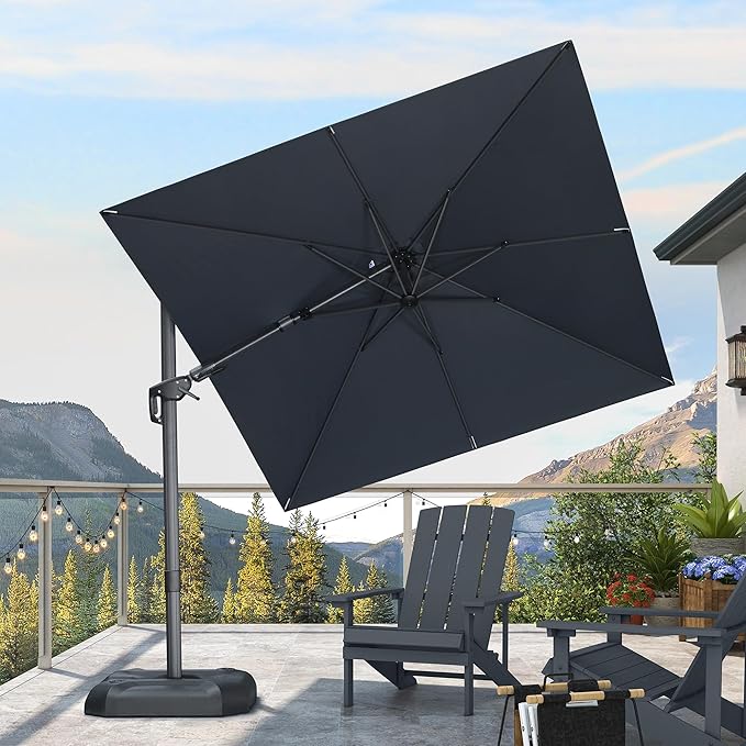 PURPLE LEAF 8' X 8' Tilting Patio Umbrella with Base Outdoor Cantilever Swivel Square Umbrella with Tilt Aluminum Offset Umbrella with 360-degree Rotation for Garden Deck Pool Patio Grey
