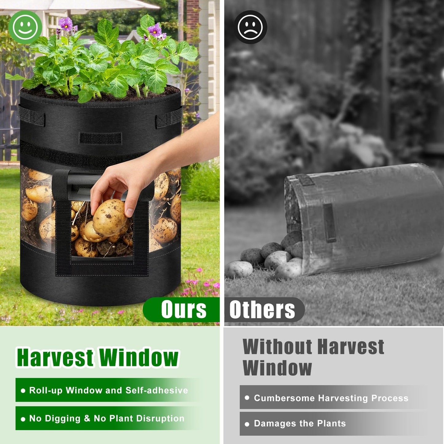5 Pack 10 Gallon 360° Visible Potato Grow Bags with Shading Flap & Harvest Window – Heavy Duty 400g Non-Woven Fabric Potato Bags for Growing Potatoes with 10 Green Labels, Potato Growing Containers