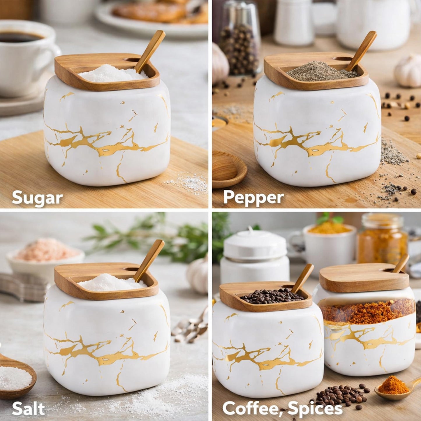 JFFLYIT Marble Ceramics Sugar Bowl Ceramic Seasoning Box Ceramic Spice Jars Porcelain Condiment Pots with Lid and Spoon (White)
