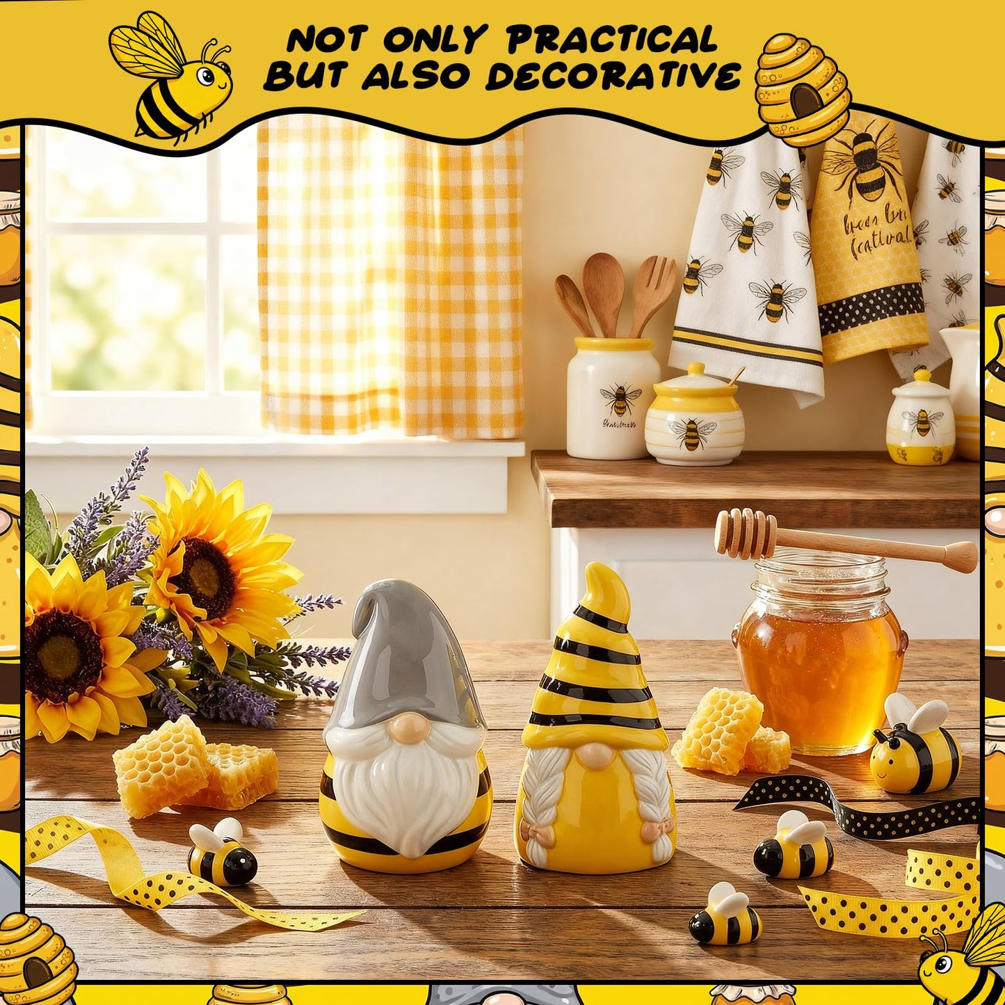Vesici Honey Bee Salt and Pepper Shakers Set of 2 Bee Gnome Salt and Pepper Shakers 3.3 Inch Spring Gnome Ceramic Tabletop Figurines for National Honeybee Day Gifts Kitchen Counter Accessories