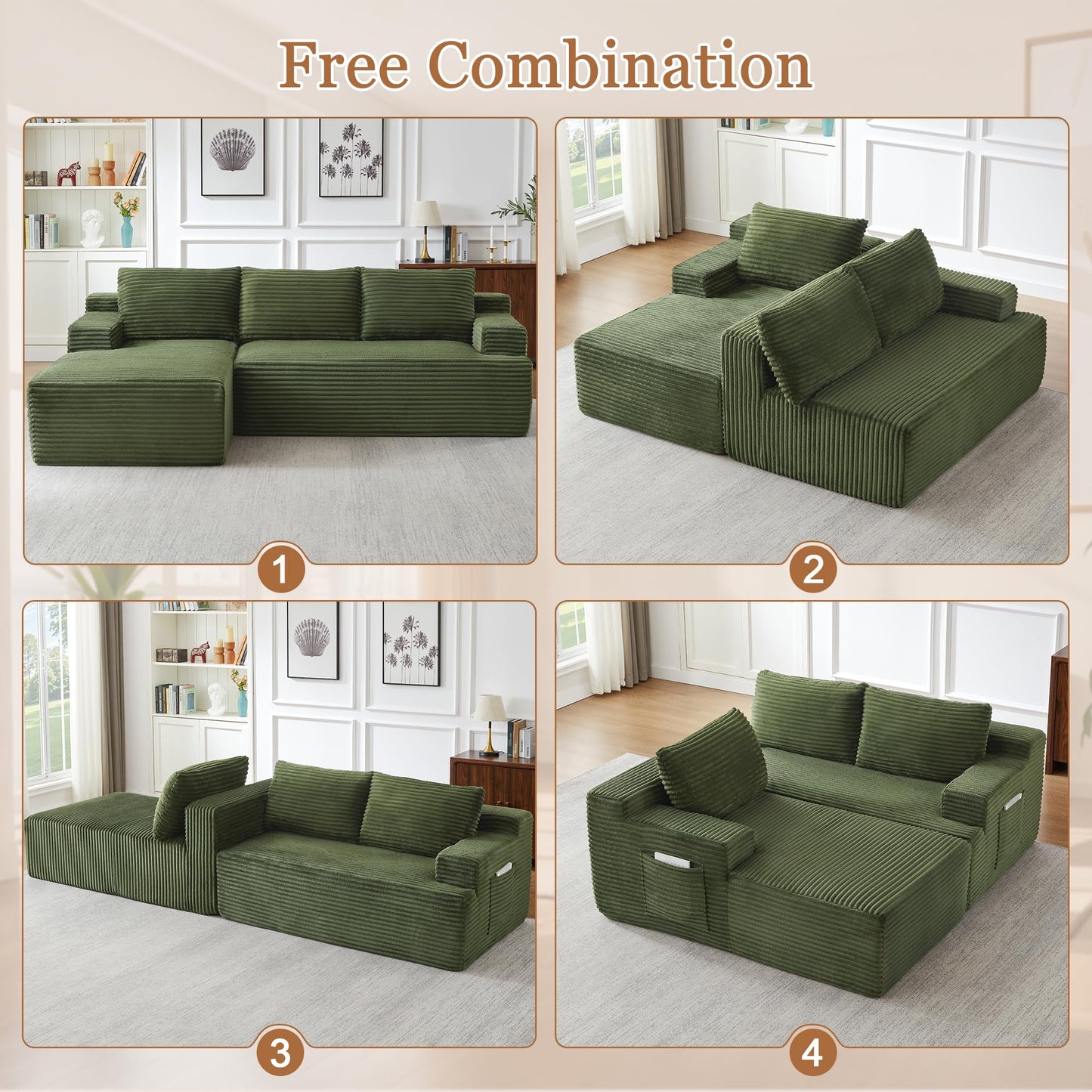 96" L Shaped Cloud Sectional Couch with Chaise, Deep Seat Modular Sectional Sofa Corduroy Memory Foam Sofa Boneless Couches for Living Room Bedroom, No Assembly Required