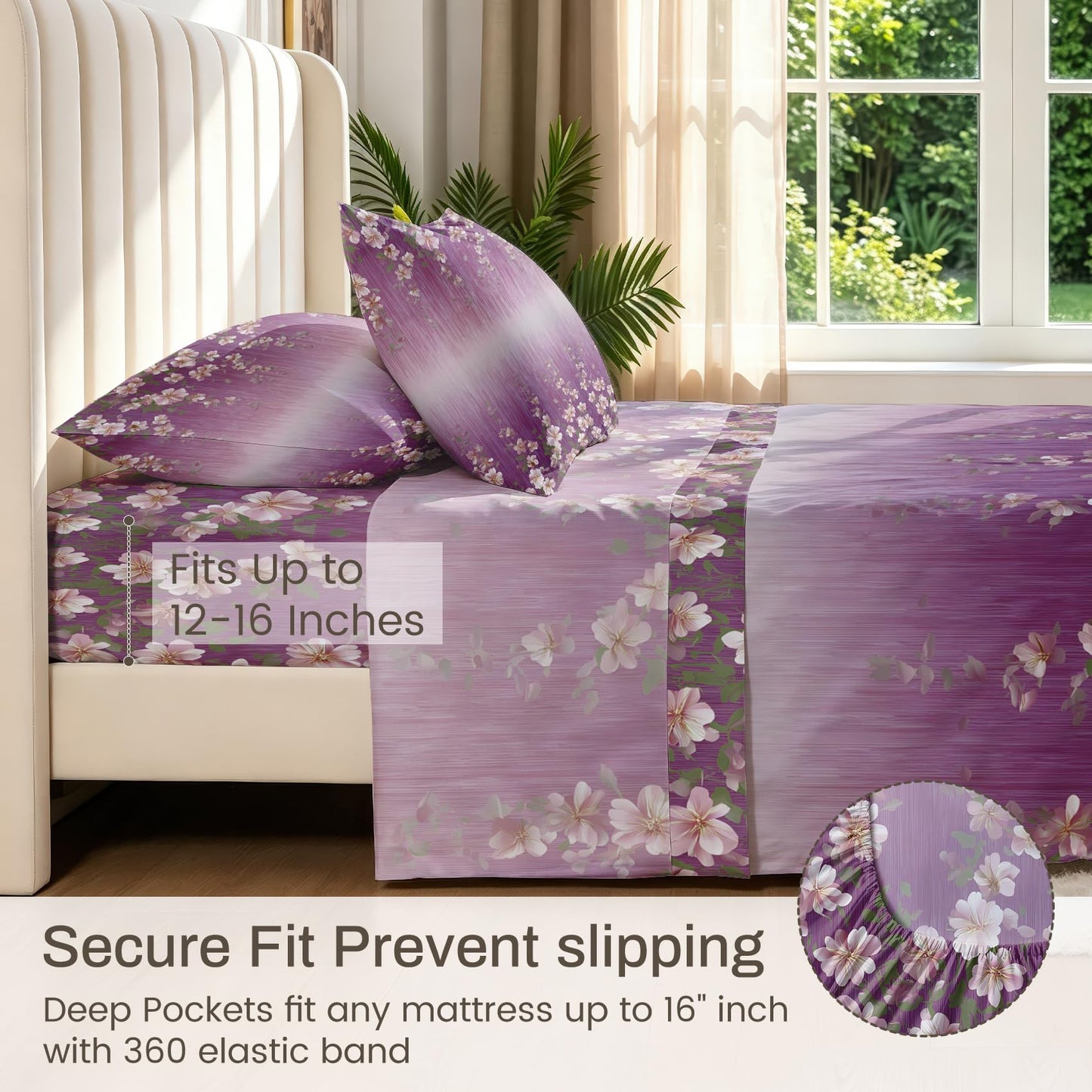 Girls Flower Queen Sheet Set 4 Pcs Purple Gradient Bed Sheets