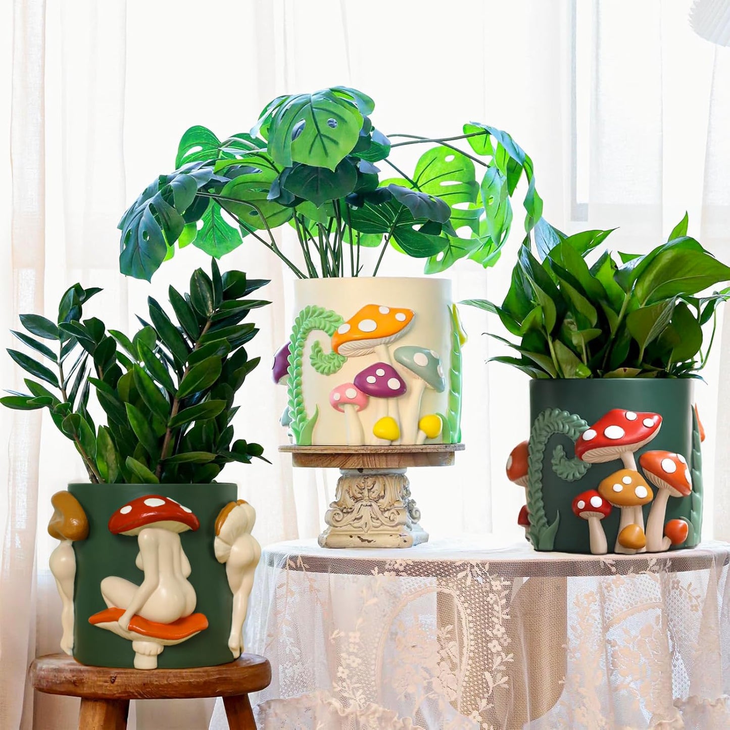 GUGUGO Mushroom Lady Body Plant Pots 8 Inch, Quirky Unique Cute Planters Boho Funky Eclectic Home Decor, Mushroom Butt Flower Pots, Indoor Planting Pot, Modern Aesthetic for Decorating, Dark Green