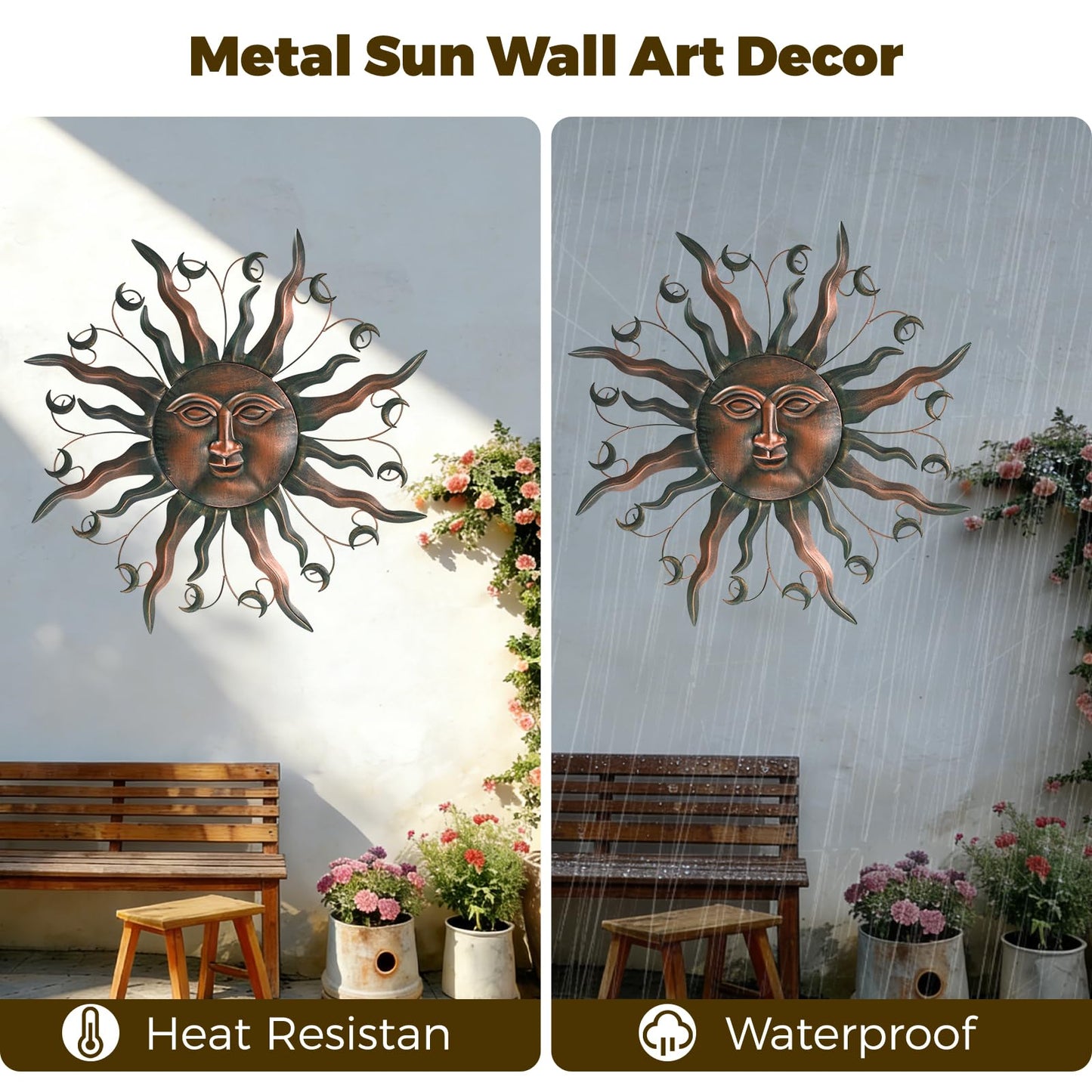 VESTCDF Outdoor Metal Wall Art Metal Sun 28" Metal Wall Art Sun Outdoor,Large Wall Decorations for Garden, Sun Wall Art Metal Sun Face Art (Moon)