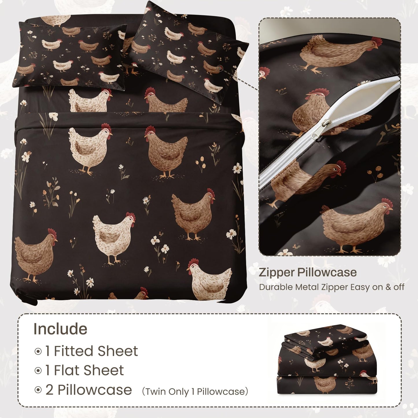 Chicken Full Sheet Set Rustic Farmhouse Flat Fitted Sheet Sets, Brown
