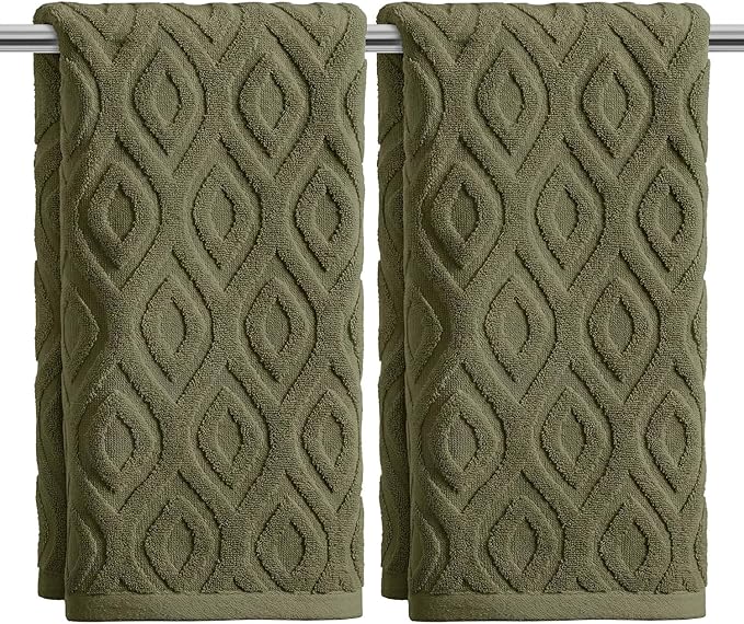 Artoid Mode 2 Pcs Olive Green 3D Diamond Grid Jacquard Hand Towels