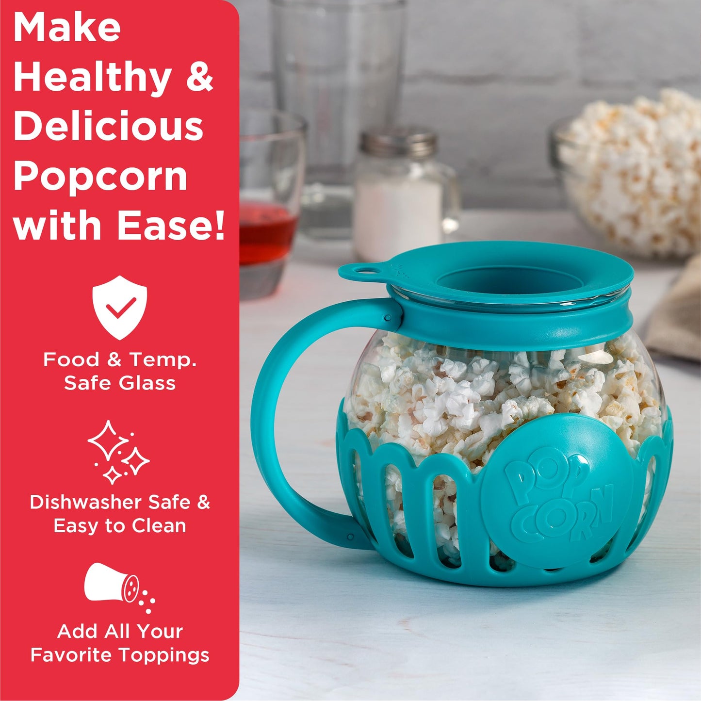 Ecolution Patented Micro-Pop Microwave Popcorn Popper with Temperature Safe Glass, 3-in-1 Lid Measures Kernels and Melts Butter, Made Without BPA, Dishwasher Safe, 3-Quart, Aqua