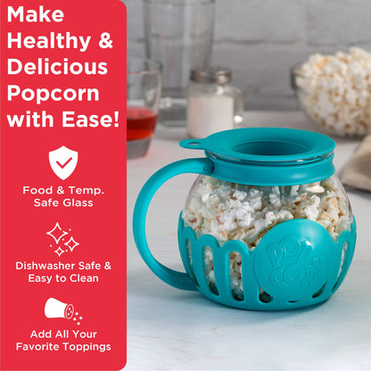 Ecolution Patented Micro-Pop Microwave Popcorn Popper with Temperature Safe Glass, 3-in-1 Lid Measures Kernels and Melts Butter, Made Without BPA, Dishwasher Safe, 3-Quart, Aqua