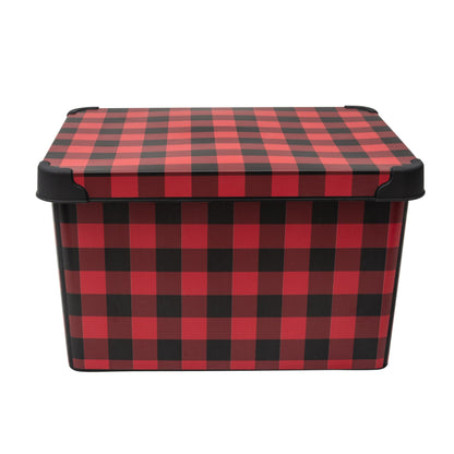 Simplify Checkered Design Storage Bin | Christmas Tote | Holiday Décor Decorations Organizer | Buffalo Plaid Design | Lidded | Stackable | Black and Red