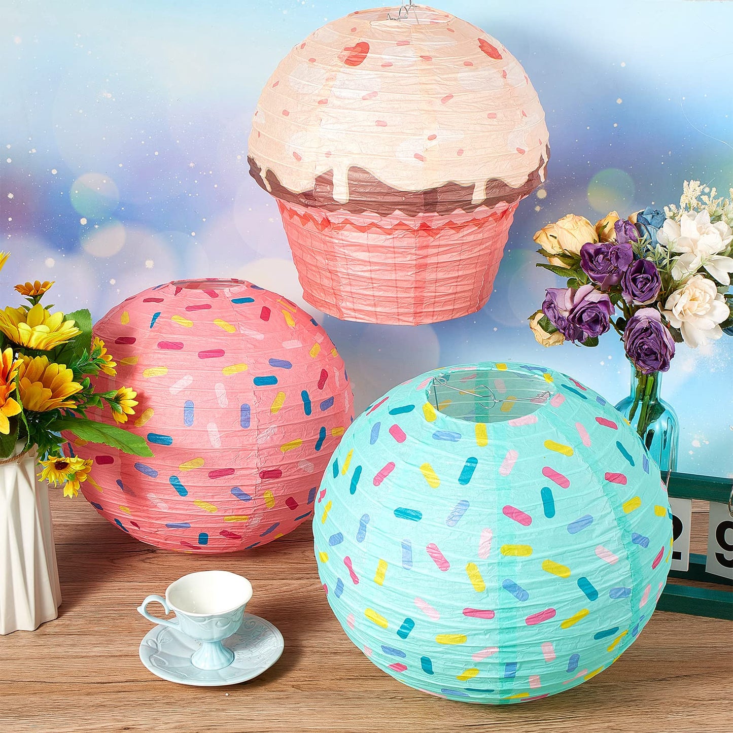 Hortsun 36 Pcs Donut Cupcake Party Hanging Paper Lanterns Two Sweet Birthday Supplies Hanging Swirls Paper Flowers Pom Poms Party Decor for Birthday Baby Shower Candy Supplies