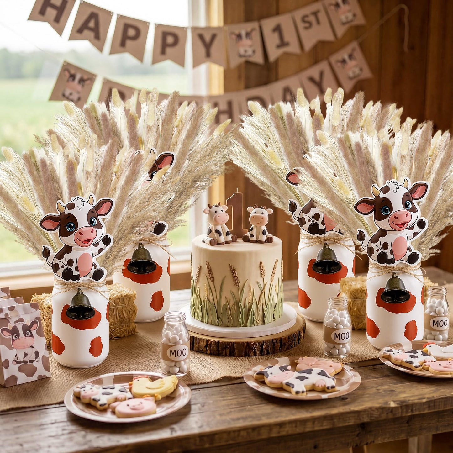 Ferrochef 4 Sets Farm Theme Centerpieces Cow Birthday Party Decorations for Tables, 119 Pcs Farm Party Decoration Include Mason Jars Bell Dried Pampas Grass Kit for Birthday Baby Shower(Brown)