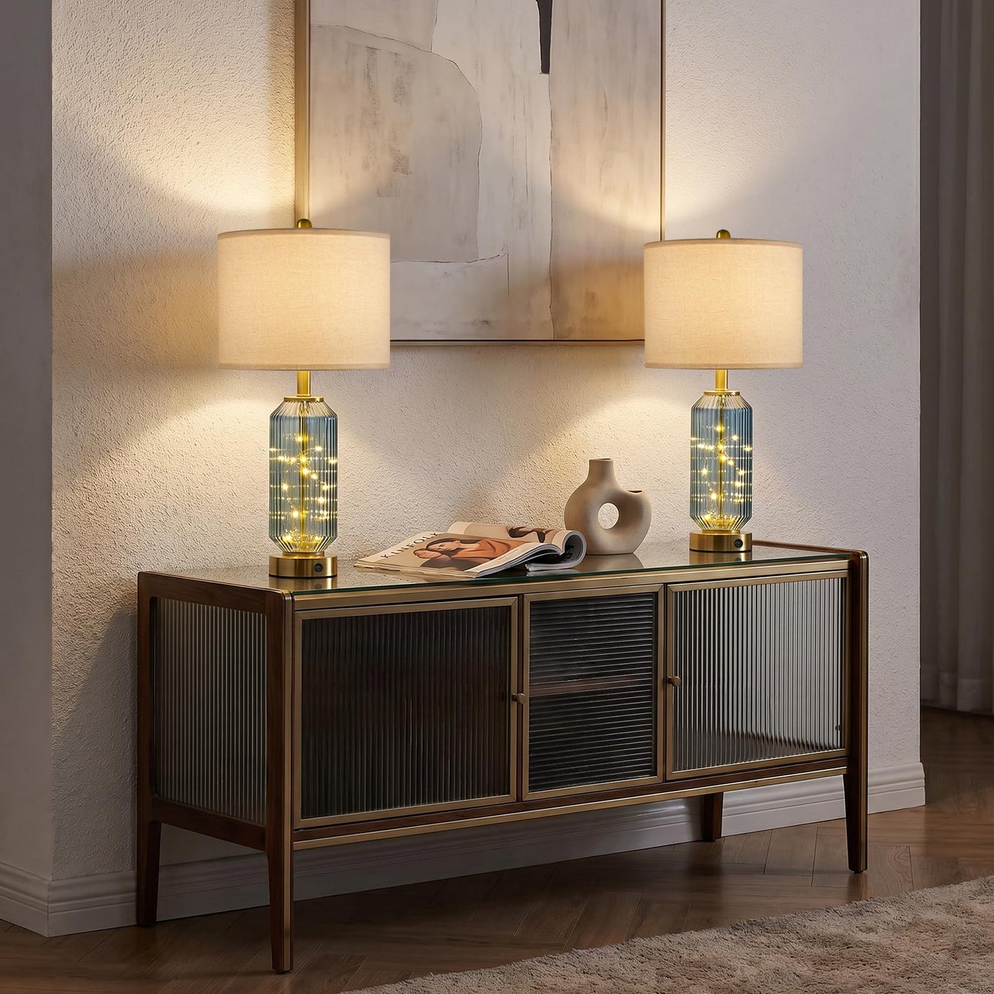 Oneach 24.5" Bedside Table Lamps Set of 2, Blue Coastal Nightstand Lamps with Night Light, USB A+C Charging Ports, Glass Lamps for Bedroom, Living Room, End Table (2 Bulbs Included)