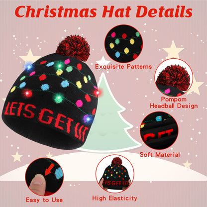 2 PCS Christmas Hat Light Up Christmas Knitted Beanie Hat, Cute Cartoon Design Xmas Knit Cap with 6 Colorful LED Lights, Family Winter Snow Hat Bulk for Xmas Holiday Party Favor, Funny Unisex Cap