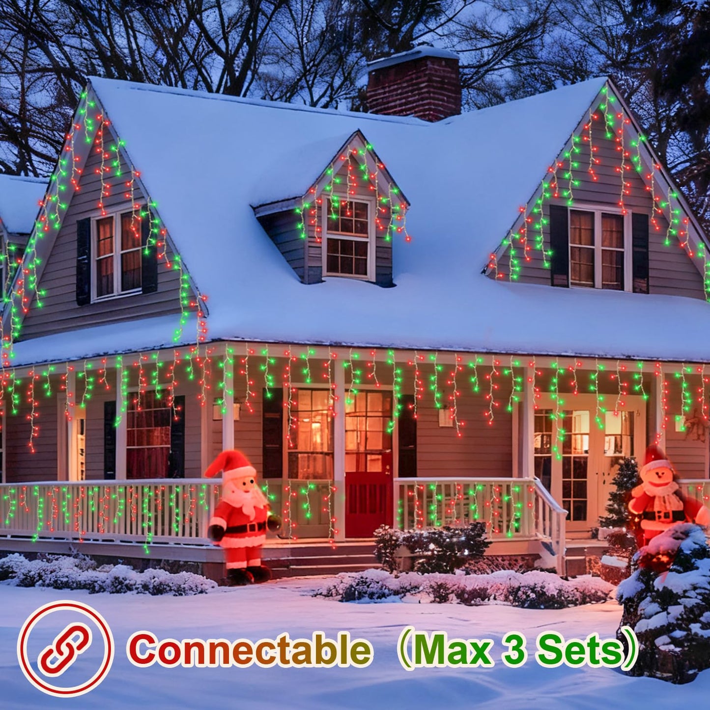 YEGUO 33ft 400 LED Red and Green Icicle Lights Outdoor Waterproof, 80 Drops Icicle String Light Connectable, 8 Modes Icicle Christmas Lights with Memory Timer
