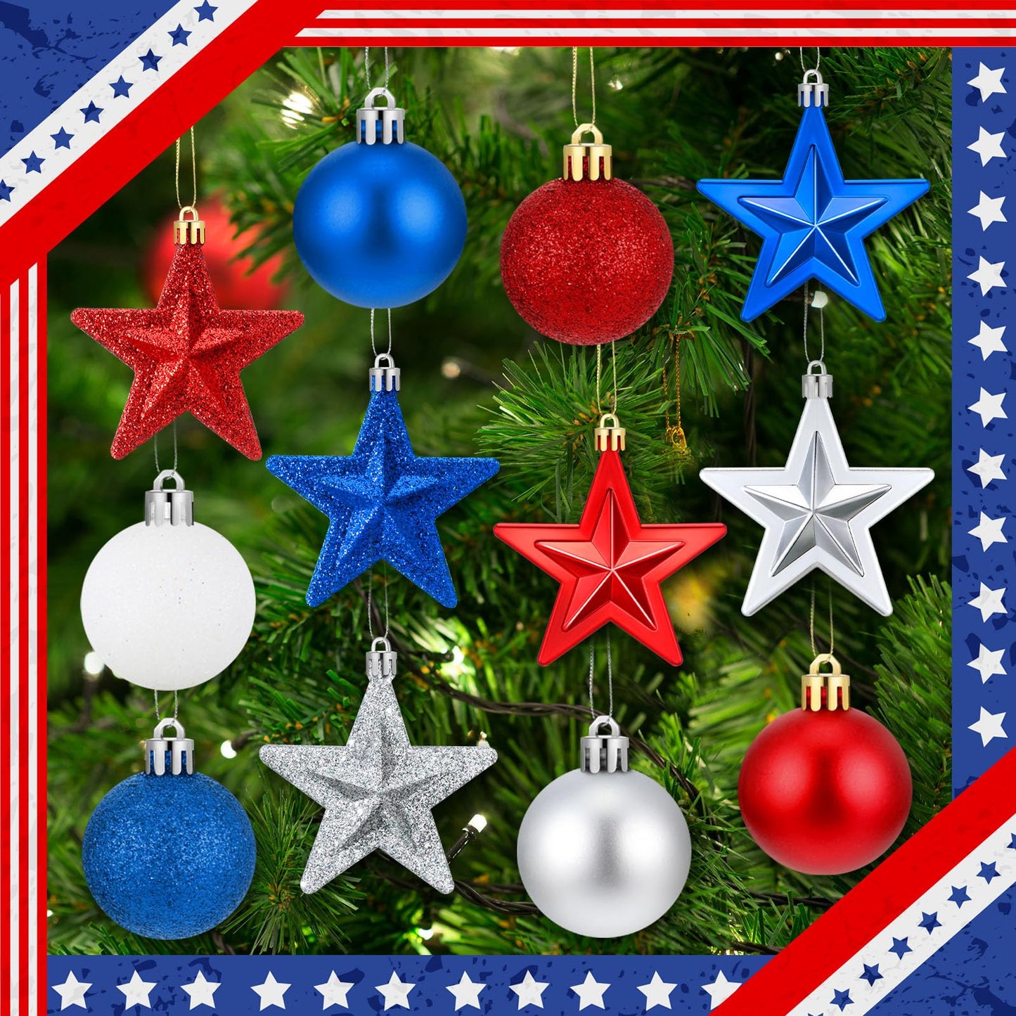 Janinka 60 Pcs Patriotic Star Ornaments 4th of July Hanging Star Balls 250th Anniversary Red White and Blue Stars Balls Ornaments for USA Veteran Independence Day Decor