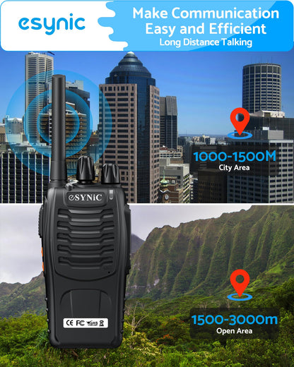 eSynic 4Pack Professional Walkie Talkies for Adults Rechargeable Walkie Talkies 16CH Two Way Radio Hand Free VOX Walkie Talkie With Earpieces& LED Lights Wonderful Gifts For Adults Kids etc