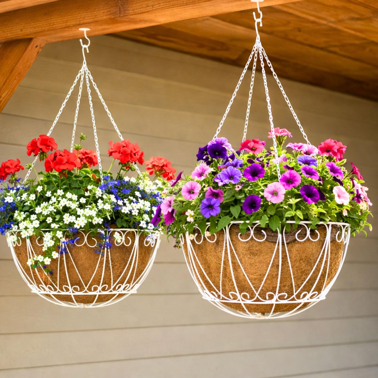 LaLaGreen Hanging Planter for Outdoor (20 Inch, 4 Pack) Large White Metal Wire Hanging Plant Planter with Coco Liner Round Porch Modern Garden Balcony Deck Country Decor Flower Pot Holder Hanger