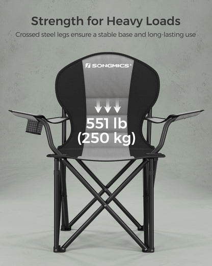 SONGMICS Folding Camping Chair, with Comfortable Sponge Seat, Cup Holder, Heavy Duty Structure, Max Load Capacity 551 lb, Outdoor Picnic Chair, Gray and Black UGCB006G01