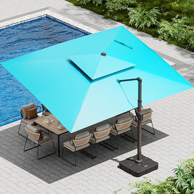 10 X 13 FT Cantilever Patio Umbrella with Led Lights and Base Included Outdoor Heavy Duty Double Top Rectangle Offset Umbrellas with 360-degree Rotation for Pool Deck Backyard, Turquoise