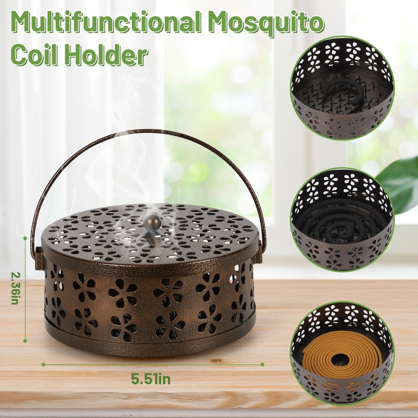 Whiidoom Portable Iron Mosquito Coil Holder with Handle Round Heat-Resistant Incense Holder (Bronze)