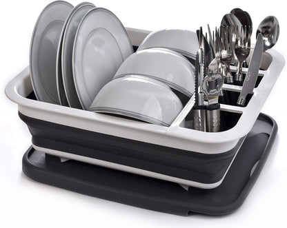 Masirs Pop-Up Collapsible Dish Drying Rack: Convenient Storage, Drains into Sink, Eight Large Plate Capacity, Sectional Cutlery and Utensil Compartment. Compact and Portable Design.