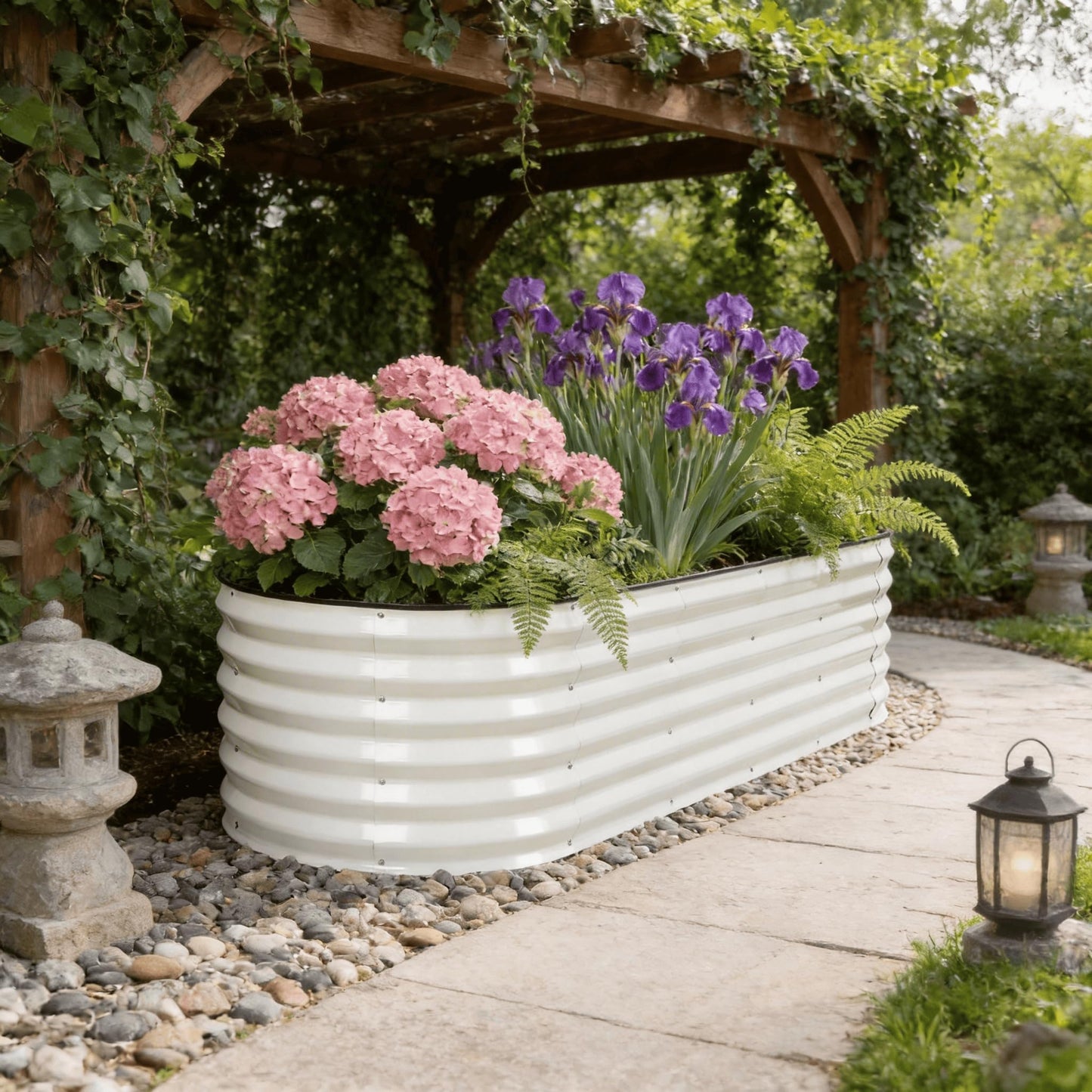 G GOOD GAIN Raised Garden Beds - 6x2x1.4ft Galvanized Planter Boxes Kit with Protective Tape & Gloves & Tools | Oval Metal Outdoor Raised Bed for Gardening Vegetables, Fruits, Flowers, Herbs, White