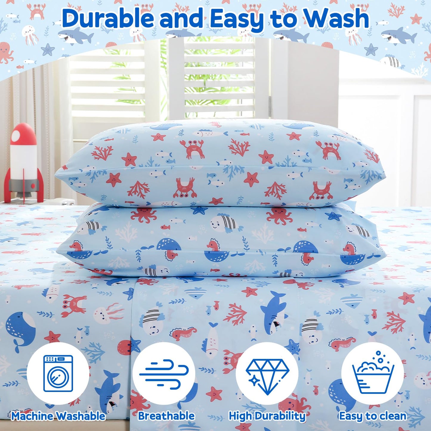 ChicView Twin Sheet Set Kids,3 Pieces Breathable Soft Microfiber Bedsheets for Child Boys Girls, Anti Pilling Deep Pockets Easy Care Bed Sheets, Ocean Animals