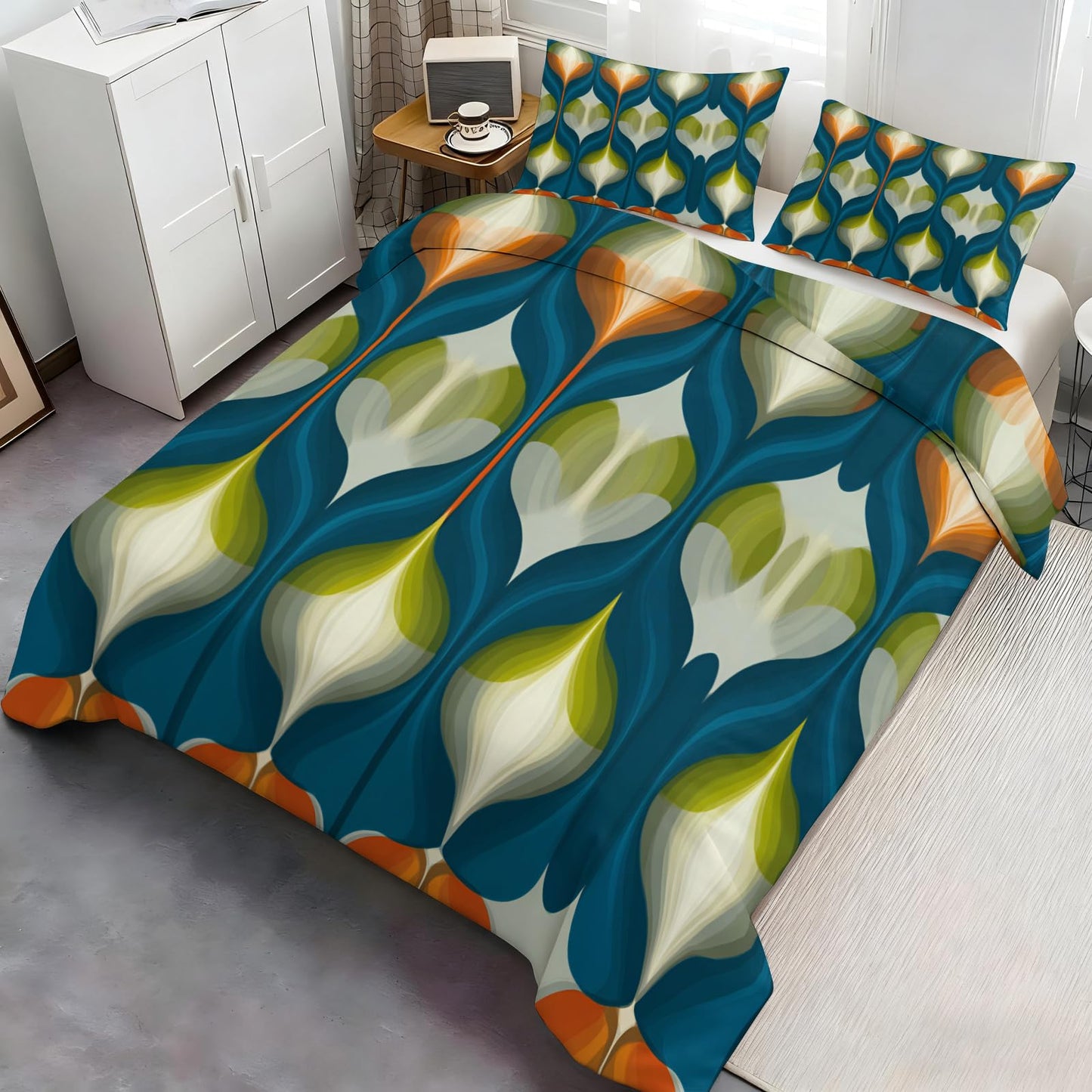 ZAOMIR Mid Century Modern Duvet Cover Twin Size, Groovy Abstract Retro Bedding Set 3 Piece, Blue Green Geometric Patterned Comforter Cover with Zipper Soft Microfiber, 2 Pillowcases