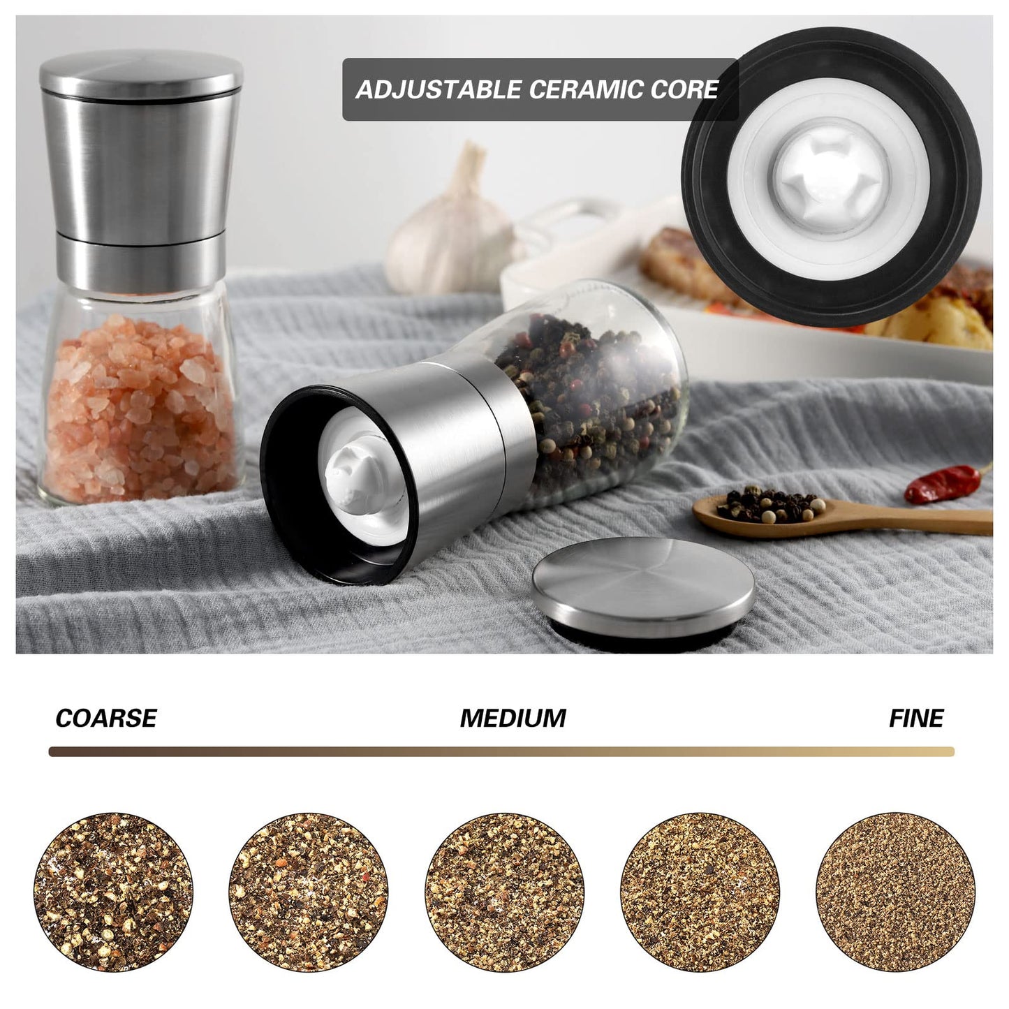 VEVOK CHEF Salt and Pepper Grinder Set Stainless Steel Adjustable Coarseness Ceramic Pepper Mill Salt Crusher with Silicone Tray Salt and Pepper Shaker Spice Grinder Kitchen
