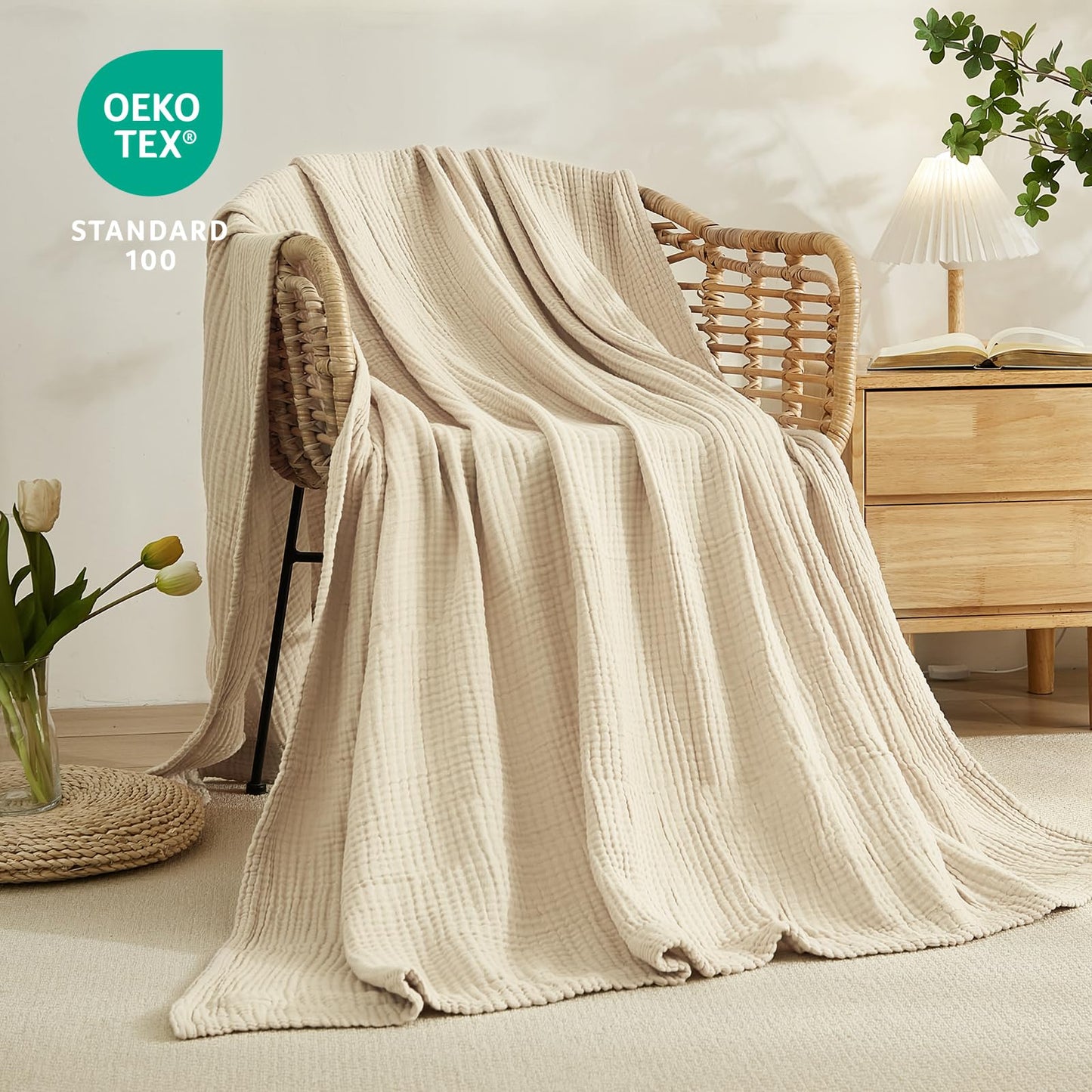 EMME Cotton Throw Blanket for Couch Soft Muslin Blankets 50"x60" Lightweight Breathable Blanket Beige All Season Gauze Blanket