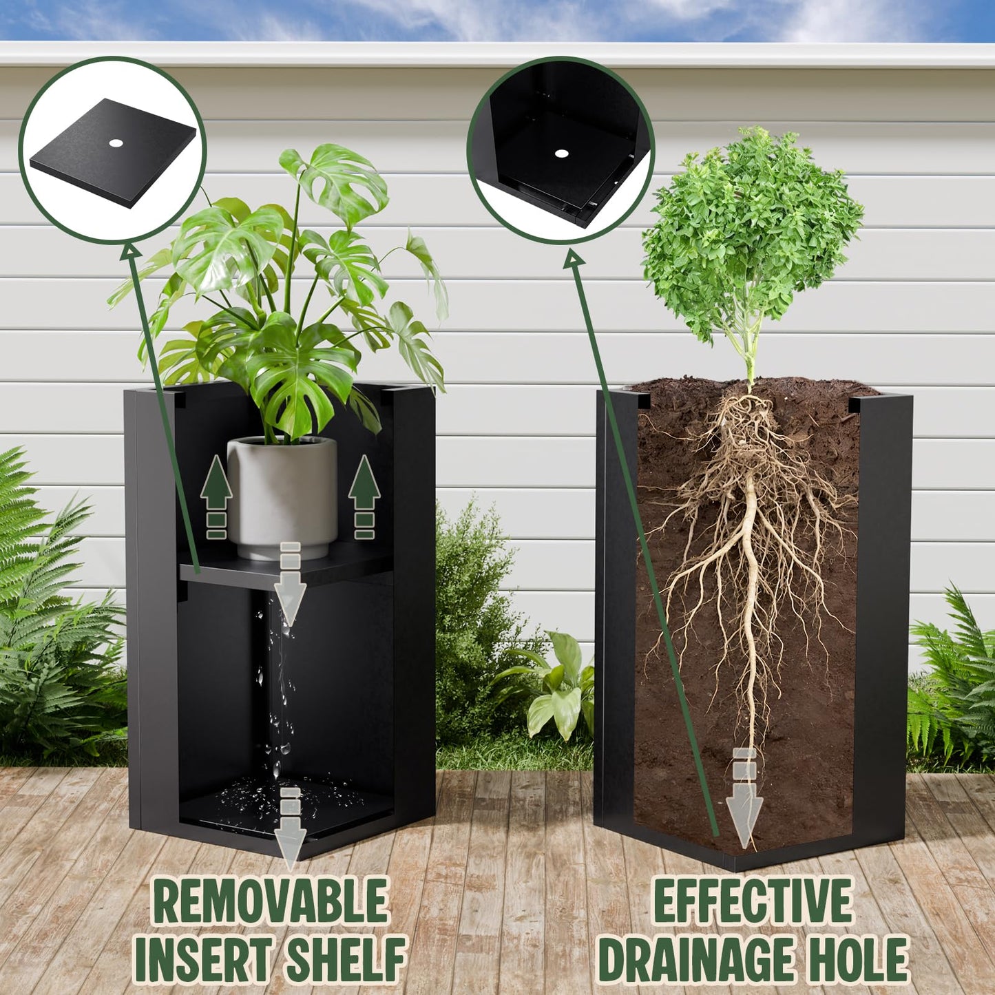 Diyfire Tall Metal Planters Box for Outdoor Plants 2 Pack- 23.6" Modern Steel Tall Square Planter with Removable Insert Shelf, Heavy Duty Pedestal Planter Front Porch Decor Patio Garden, Black